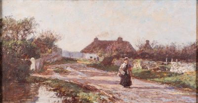 British School (late19th Century) Woman walking on a path among cottages in a village Oil on