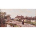 British School (late19th Century) Woman walking on a path among cottages in a village Oil on