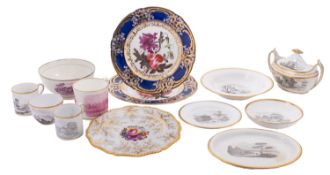 A group of bat printed tea wares, two Coalport and one Worcester plate.