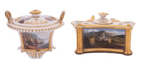 Two early 19th century Worcester inkwells and covers the first Flight,