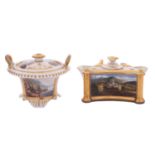 Two early 19th century Worcester inkwells and covers the first Flight,