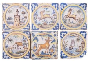 A group of six Dutch polychrome Delft tiles of similar design depicting an estuary,