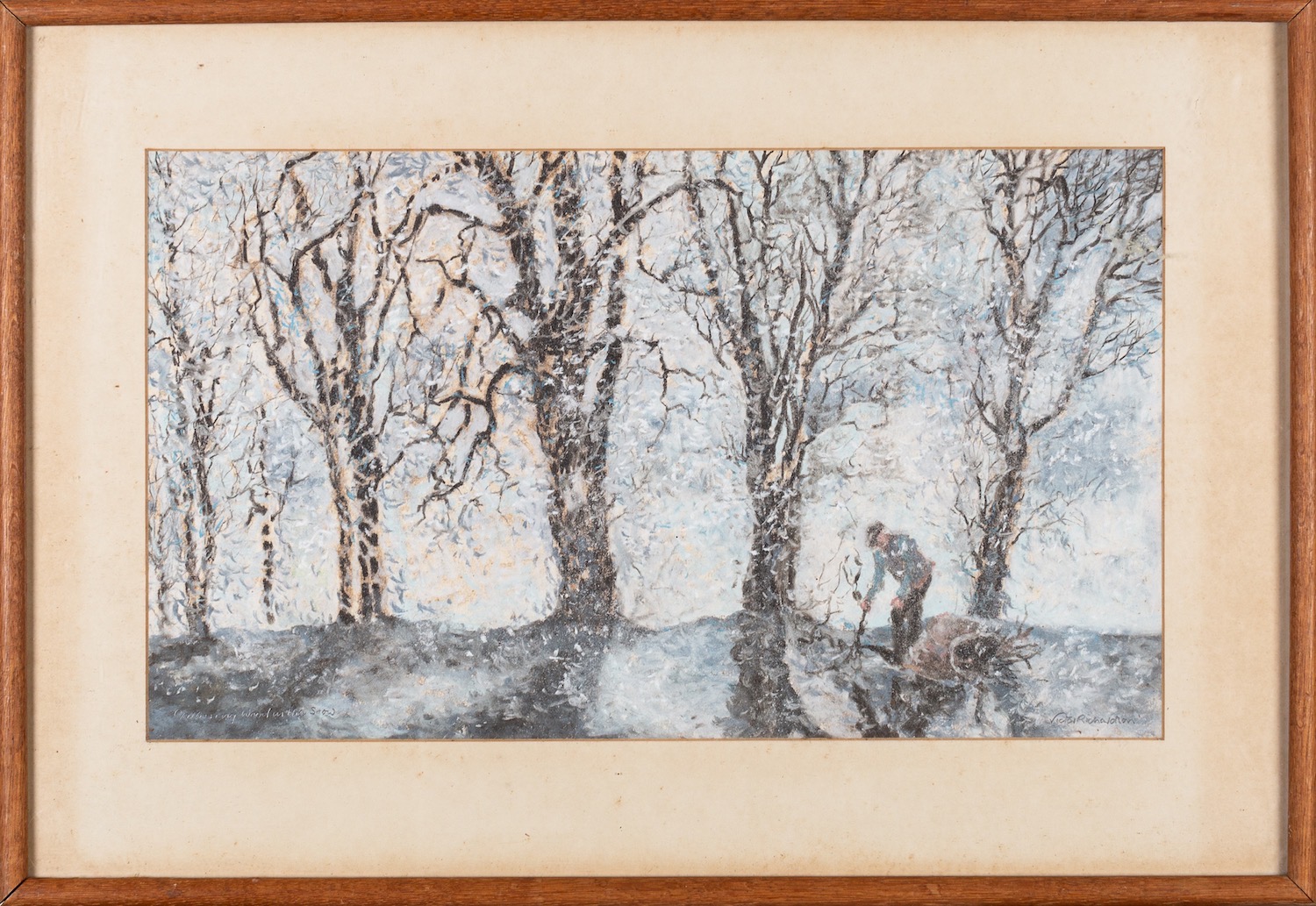 Victor Richardson (Irish, b.1952) Gathering Wood in the Snow Pastel study 24.5 x 42. - Image 2 of 2