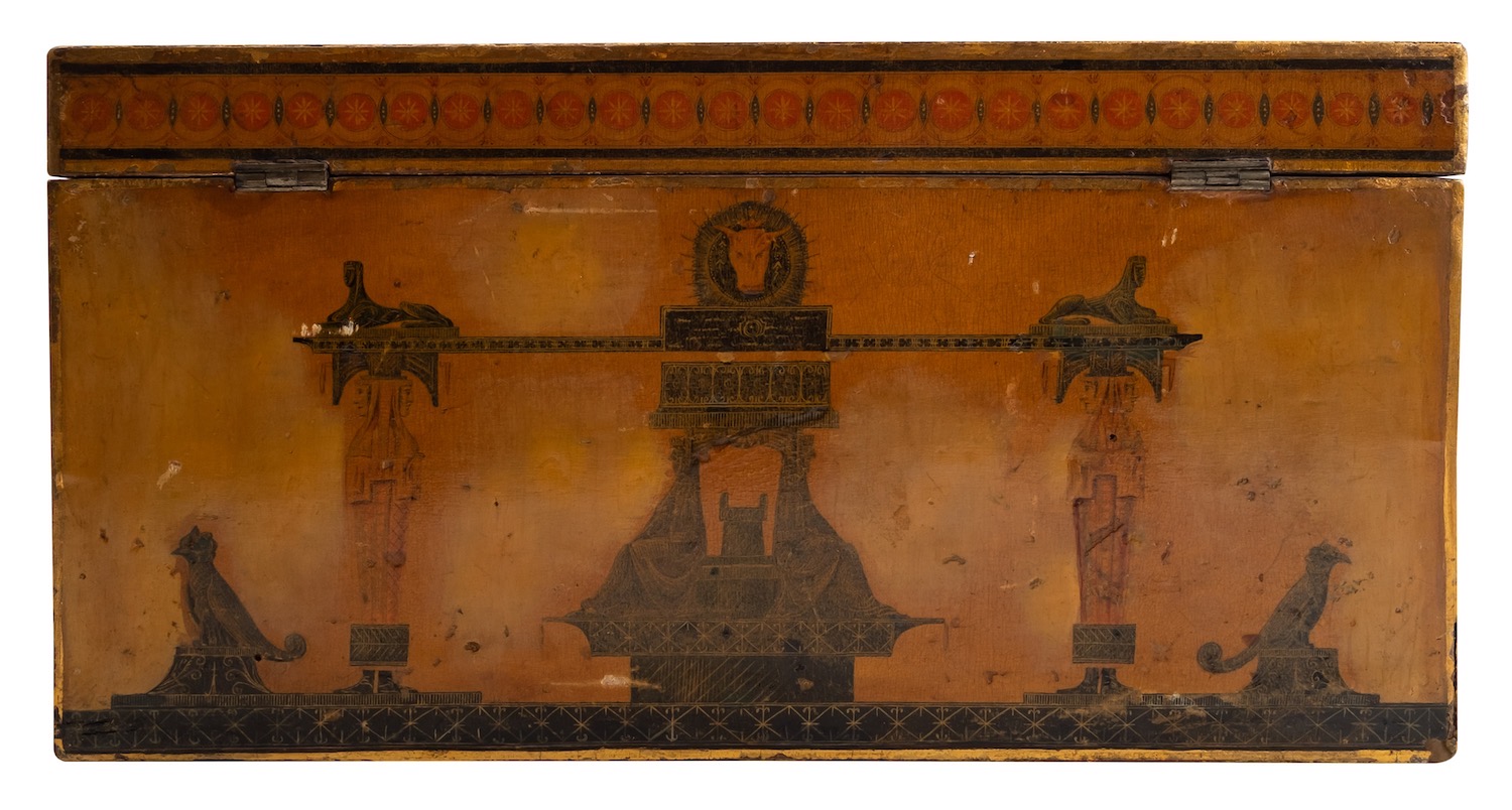 A George III Japanned and pen worked tea caddy, circa 1800; the hinged cover, front, - Image 4 of 6