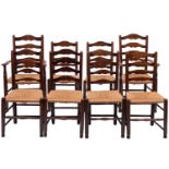 A composed set of eight ash and rush seated ladderback chairs,