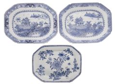 A pair of Chinese blue and white octagonal dishes and one similar the pair painted with pagodas and