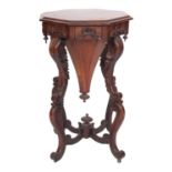 A Victorian rosewood work table, mid 19th century; the hinged octagonal top with radiating veneers,