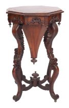 A Victorian rosewood work table, mid 19th century; the hinged octagonal top with radiating veneers,