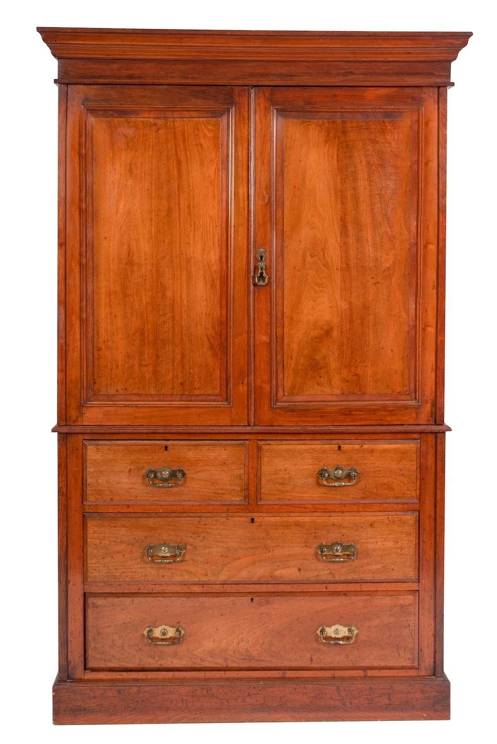 A Victorian mahogany linen press, late 19th century; with moulded cornice above twin panel doors,