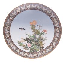A large Japanese cloisonne charger decorated with two finches,