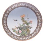 A large Japanese cloisonne charger decorated with two finches,