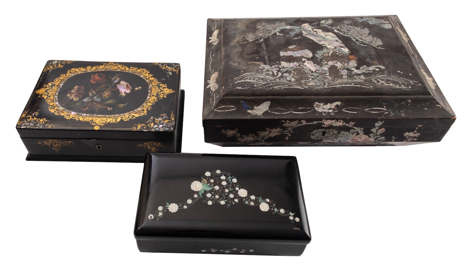 A Victorian painted, shell inset and parcel gilt black papier mache box,