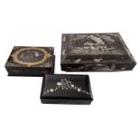 A Victorian painted, shell inset and parcel gilt black papier mache box,