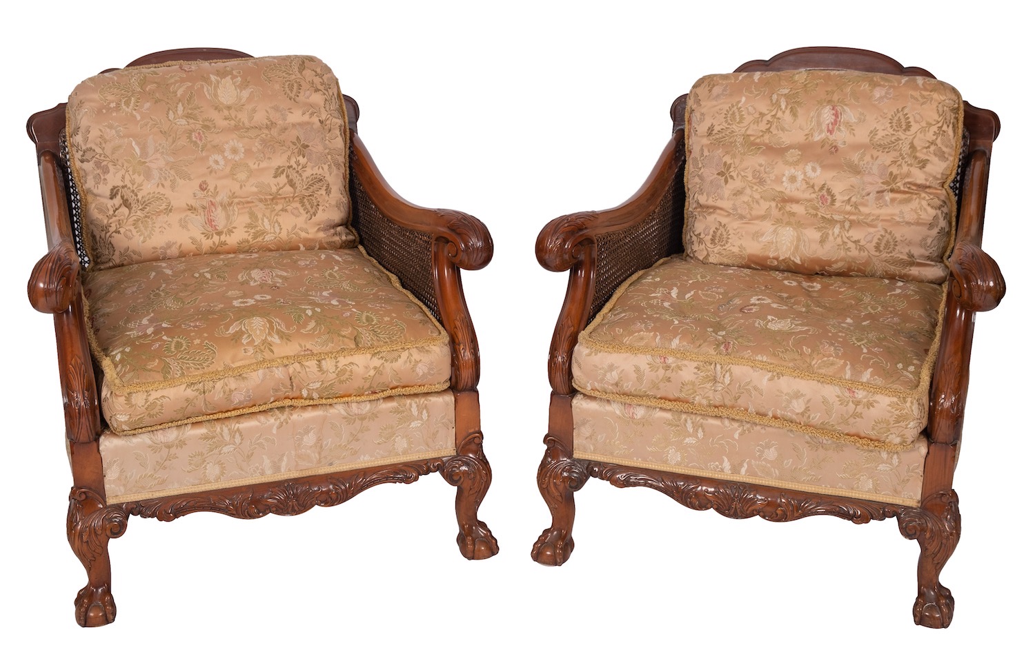 A carved mahogany and Damask silk upholstered bergère suite, - Image 2 of 2
