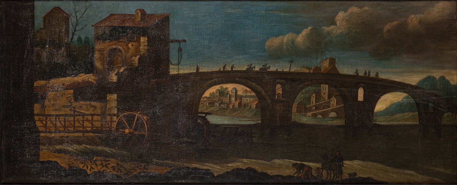 British School (16th Century) An architectural capriccio with a historical scene Oil on canvas 43.