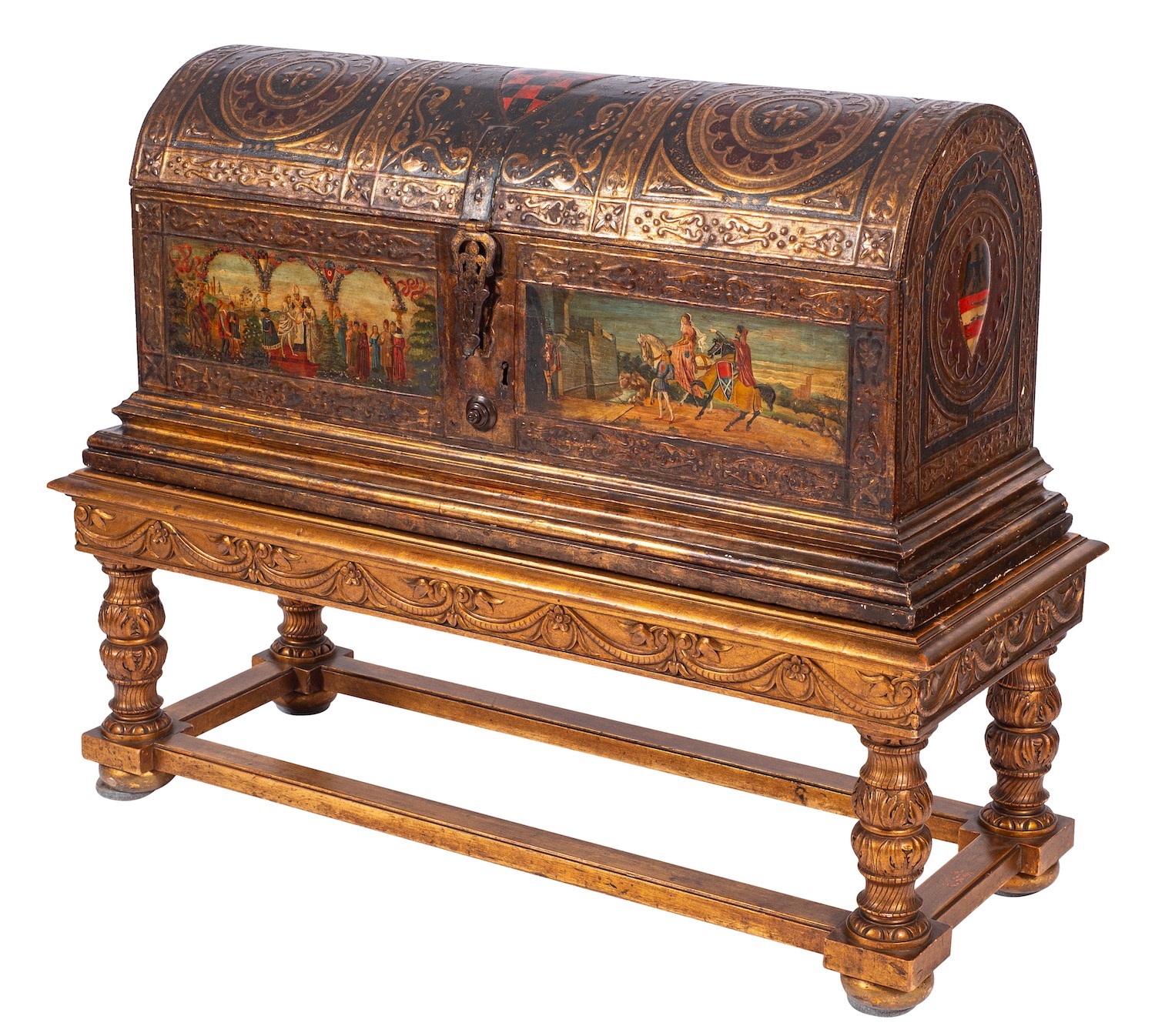 An Austrian painted and parcel gilt marriage coffer on stand, in Renaissance style,