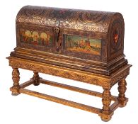 An Austrian painted and parcel gilt marriage coffer on stand, in Renaissance style,