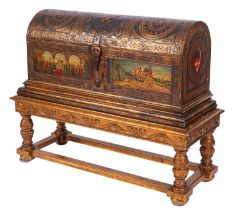 An Austrian painted and parcel gilt marriage coffer on stand, in Renaissance style,