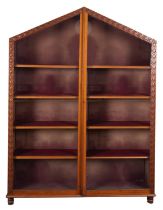 A Victorian oak and glazed bookcase in Gothic taste, late 19th century; of lancit form,
