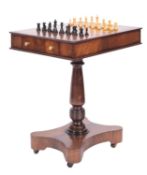 A George IV or William IV mahogany games table, circa 1830; the top with inset chequerboard,