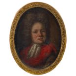 Continental School (17th Century) Portrait miniature of a bewigged young man in a red coat Oil on