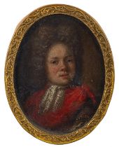 Continental School (17th Century) Portrait miniature of a bewigged young man in a red coat Oil on