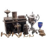 A silver plated metal hot water urn or samovar, mid 19th century; of twin handled urn form,