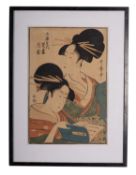 Utamaro Kitagawa, a wood block print of Geisha Hanazuma and Tsukioka, 38 x 26cm, [trimmed].