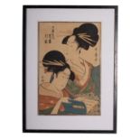 Utamaro Kitagawa, a wood block print of Geisha Hanazuma and Tsukioka, 38 x 26cm, [trimmed].