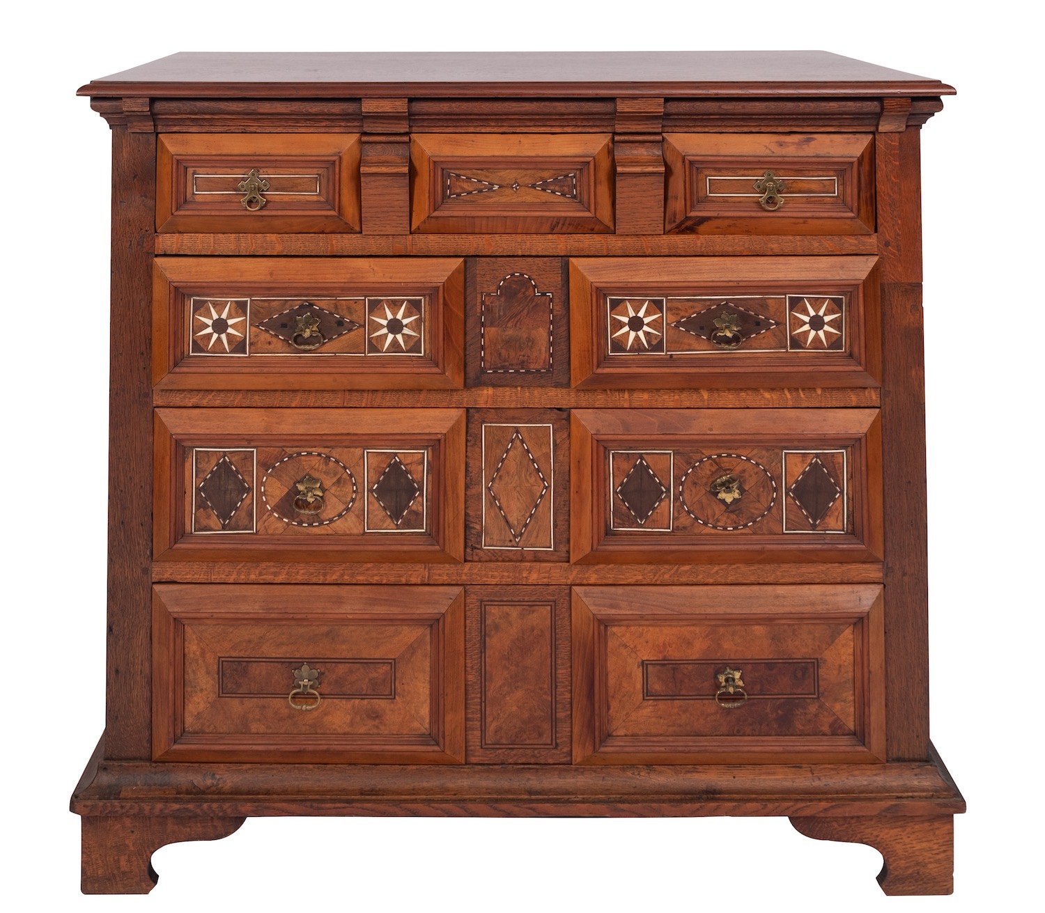 A Dutch oak, walnut and parquetry chest of drawers in 17th century taste,