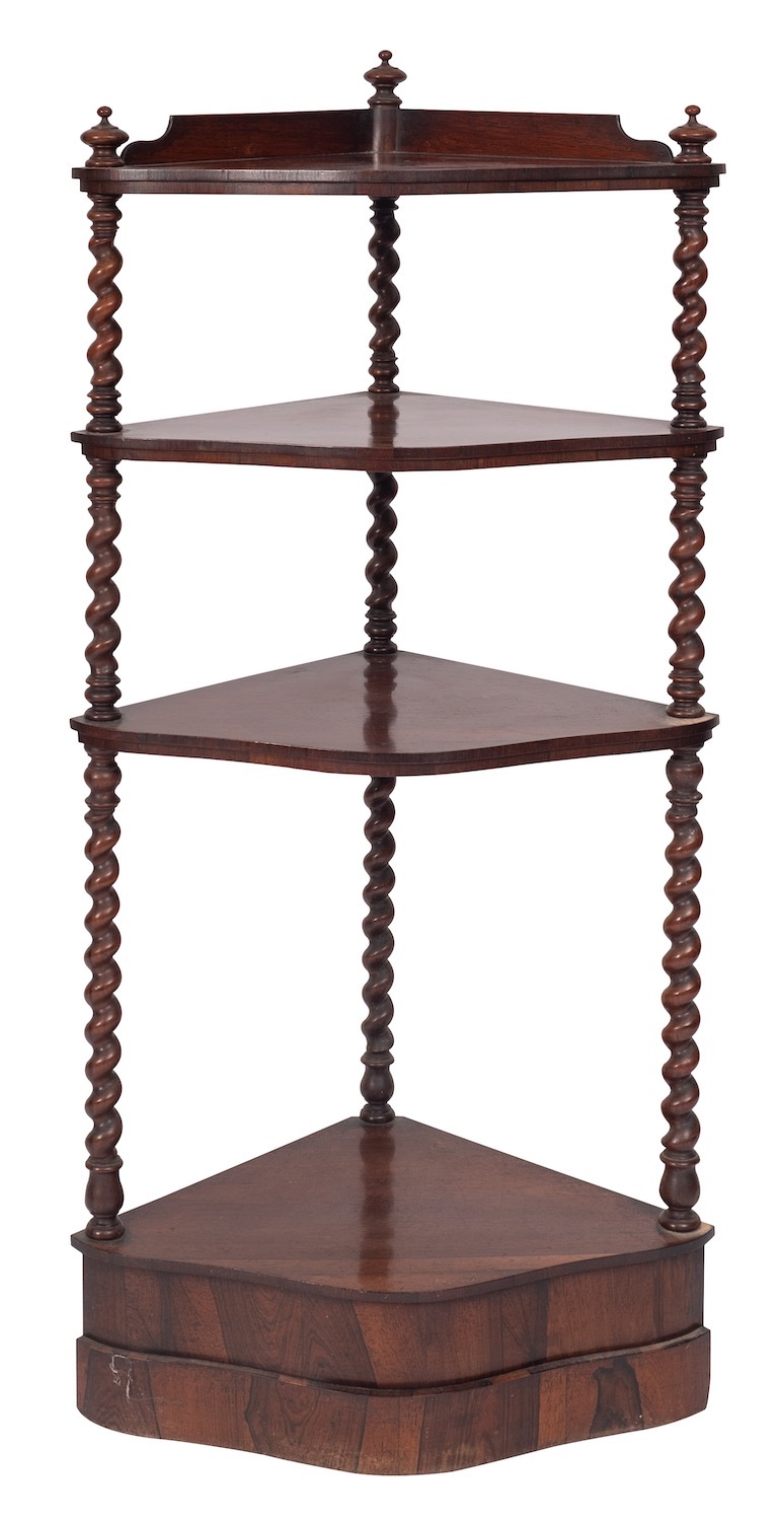 A Victorian rosewood three-tier corner etagere,