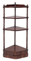 A Victorian rosewood three-tier corner etagere,