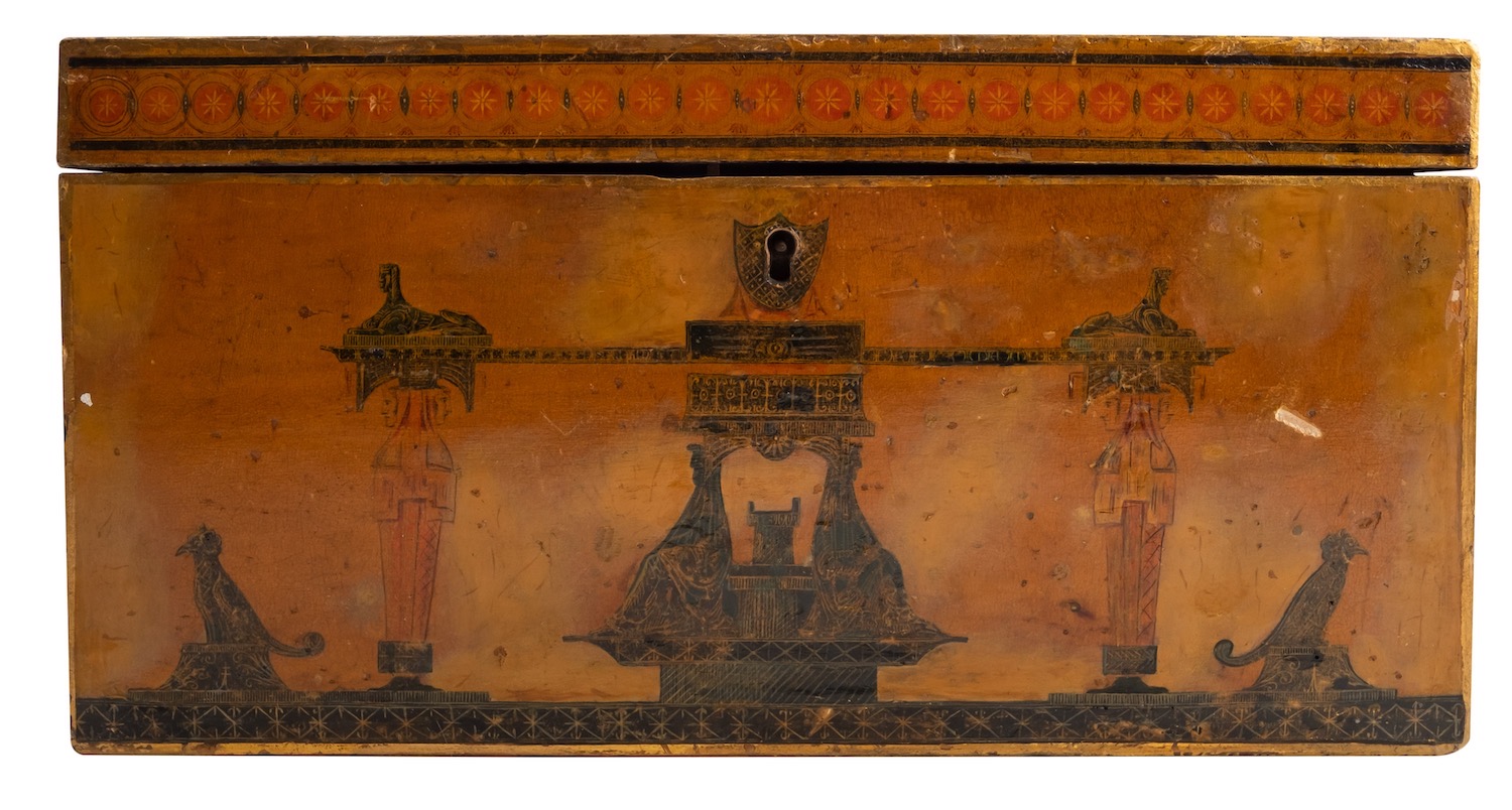 A George III Japanned and pen worked tea caddy, circa 1800; the hinged cover, front, - Image 6 of 6