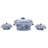 A Chinese blue and white tureen and cover of shaped rectangular form with pomegranate finial and