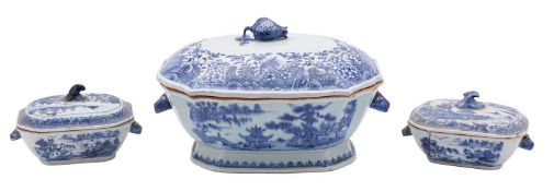 A Chinese blue and white tureen and cover of shaped rectangular form with pomegranate finial and