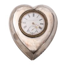 A heart-shaped silver mounted easel clock having an eight-day duration timepiece movement,