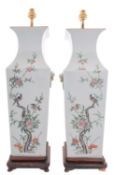 A pair of large Chinese porcelain vases, converted as lamps, of shouldered square profile,