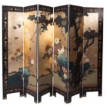 An Oriental painted and lacquered wood six fold screen,