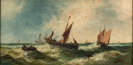 William P Rogers (British, fl. 1846-1872) Seascape with shipping Oil on canvas 29.5 x 59.