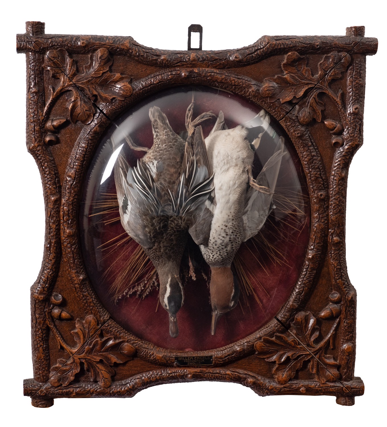 A pair of 'Black Forest' carved and stained oak framed game trophies, Dutch, - Image 2 of 6