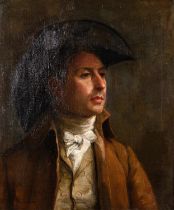 French School, 19th Century Portrait of a gentleman in a black hat with brown coat Oil on canvas 59.