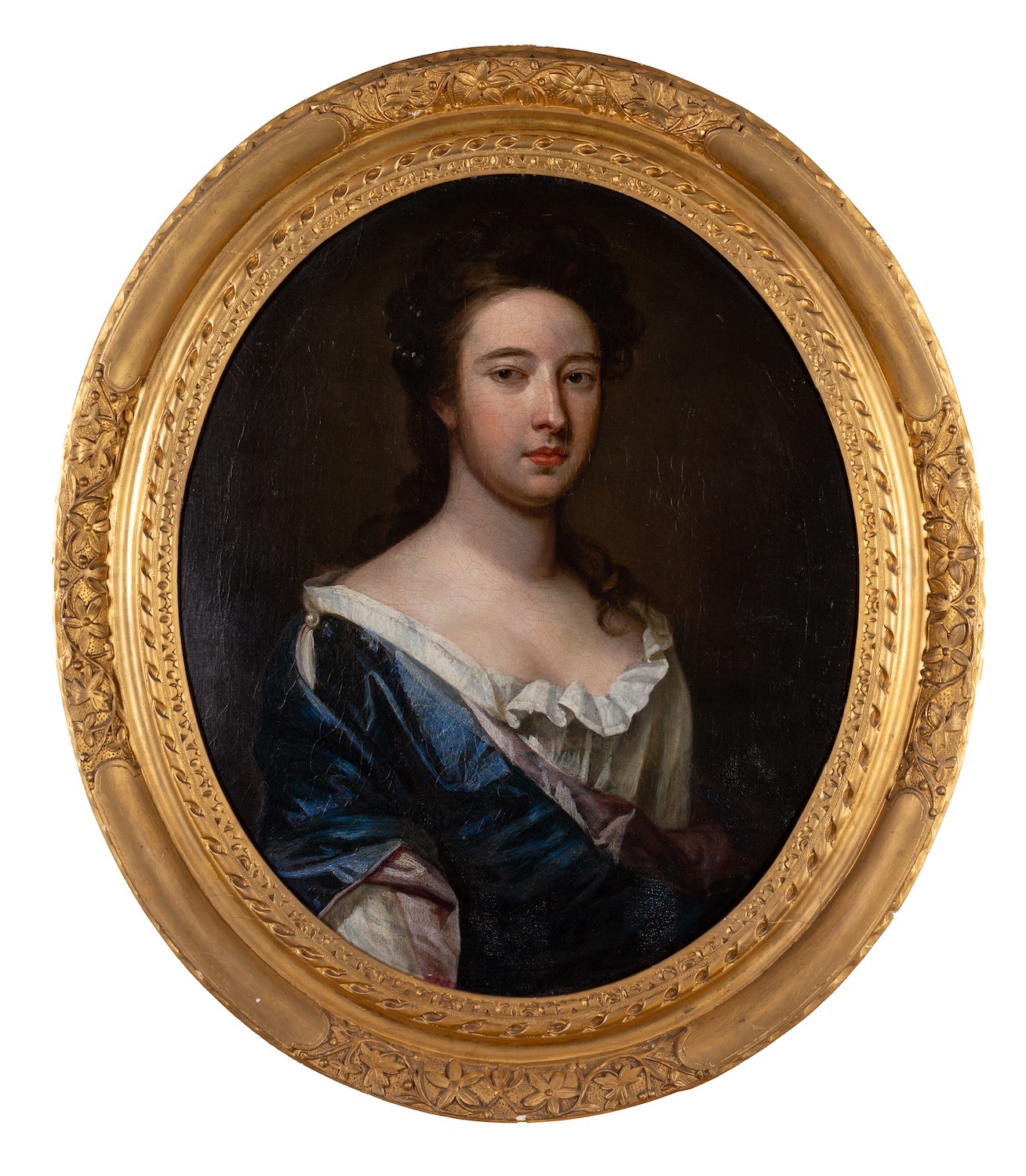 Circle of Godfrey Kneller (British, 1646-1723) Portrait of a lady in a blue dress with white sash, - Image 2 of 2