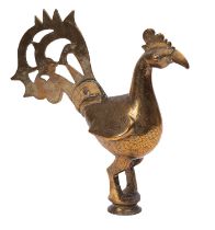 A Persian brass staff head in the form of a cockerel, with incised decoration, 25cm high,