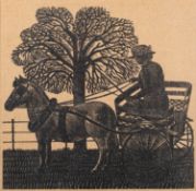 Eric Ravillious (British, 1903-1942) Lady in a horse cart Woodcut on hessian 30.