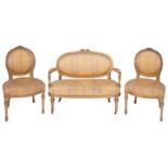 A carved giltwood and Damask fabric upholstered associated salon suite in Louis XVI style,