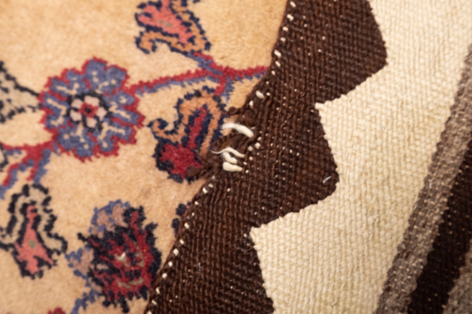 A Navajo flatweave, the beige field with a central chocolate brown and ivory lozenge medallion, - Image 8 of 10