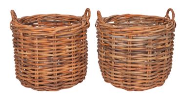 A pair of wicker twin handled log baskets, modern; of cylindrical form; 83cm high overall,