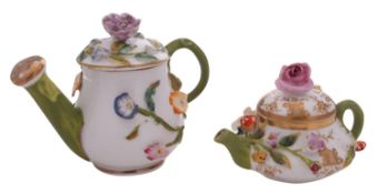 A Minton flower-encrusted miniature teapot and cover and a Coalport rose water sprinkler and cover