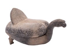 An Egyptian Tell el-Yahudiyeh grey pottery duck vessel and cover with incised plumage and tail,