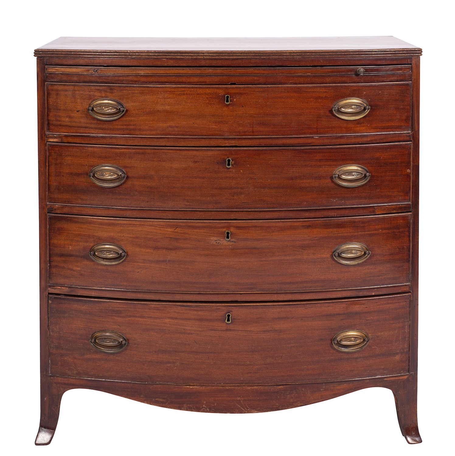 A Regency mahogany bow front chest of drawers, early 19th century; the top with reeded edges,